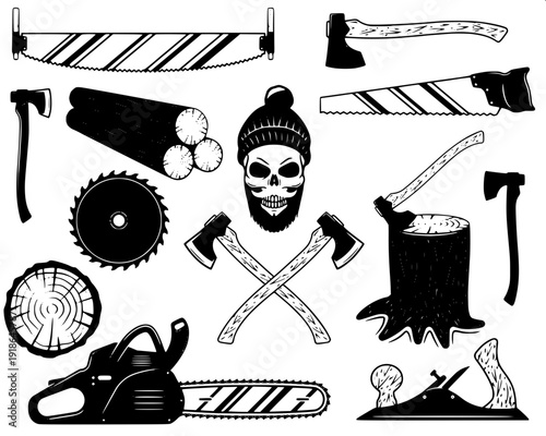 Minimal vector lumberjack icons, man sawing log, cutting trunk, climbing tree with safety rope, high contrast design
