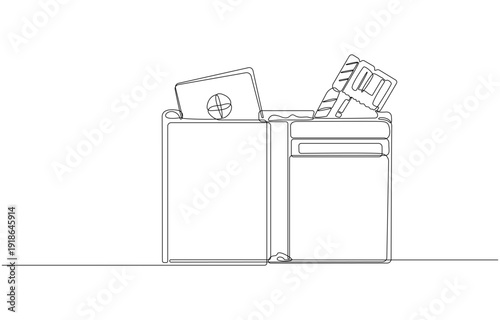 Continuous one line drawing of a wallet with money and credit cards inside. Modern minimalist style for finance, banking, and payment concepts. Economy and personal budget symbol. Vector ill