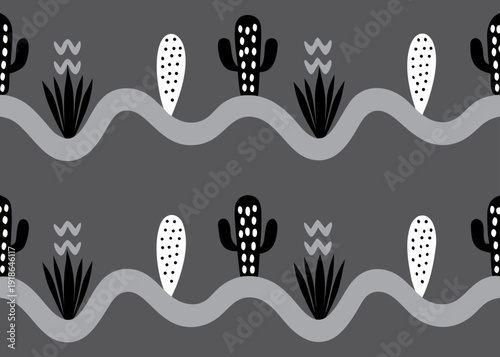 A monochrome seamless pattern shows black and white cacti and succulent plants arranged along a light-grey wavy line on a dark charcoal grey background.