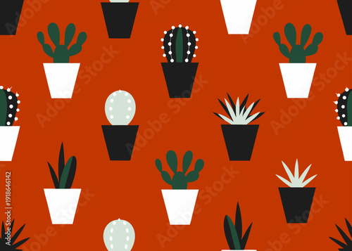 Seamless pattern of various potted cacti and succulent house plants on a terracotta background.