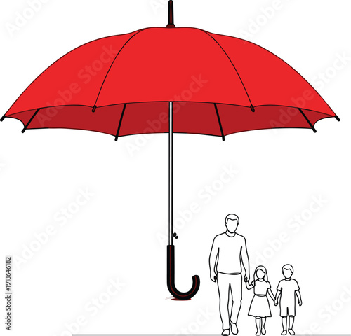 Umbrella protection silhouette illustration, man with two children under large red umbrella, vector artwork symbolizing safety, family care, guardianship
