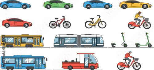Modern urban transportation vector set featuring eco-friendly electric cars, city buses, trams, bicycles with riders, and shared scooters isolated.