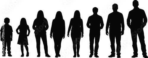 Vector silhouette illustration of eight people standing side by side in row, symbolizing growth, age progression, generational differences