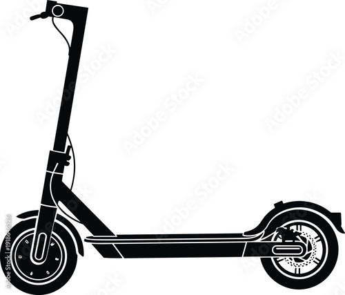 Vector silhouette illustration of electric scooter side view with two wheels, deck, handlebar stem, modern urban mobility design concept