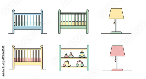 Colorful Baby Cots and Lamps Illustration.