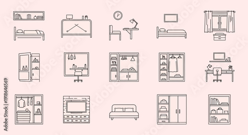 Collection of Simple Furniture Line Art Icons.