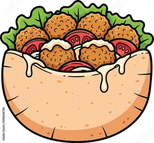 Illustration of Falafel Pita Sandwich with Lettuce Tomato and Tahini Sauce
