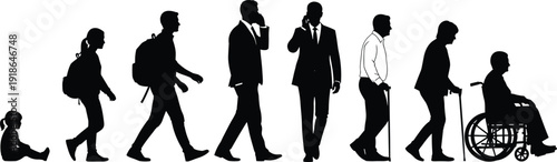 Vector silhouette illustration showing stages of human life from childhood to adulthood and old age, symbolic aging progression design