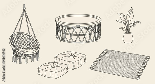 Hanging Chair Ottoman Rug Plant Decor.