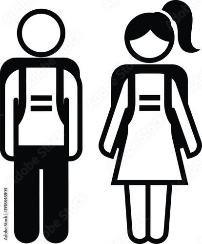 Worker silhouette illustration, male and female figures wearing aprons, stylized black vector artwork for service, occupation, signage motif design