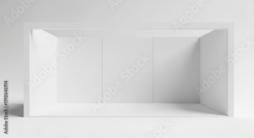 A minimalist, empty white box or room with three back panels, rendered in a clean studio setting.