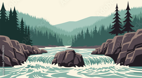 Vector Illustration of Serene River Flowing Through Rocky Gorge Lined with Lush Greenery and Distant Misty Mountains