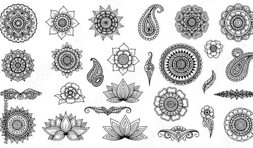Intricate Henna Tattoo Doodle Vector Elements with Floral Mandala and Paisley Designs