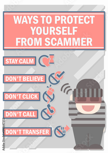 Ways to protect yourself from scammer poster design for social safety and security alert.