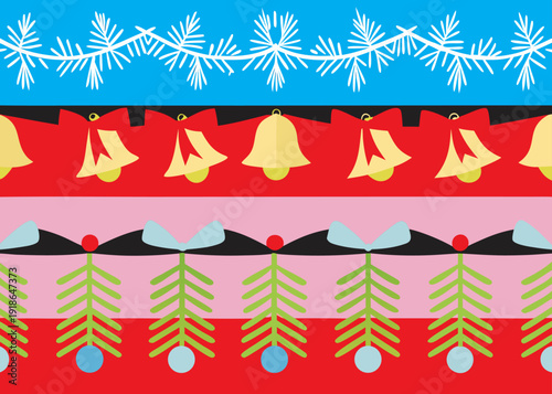 Festive christmas border pattern with snowflakes bells and stylized green trees on colorful bands