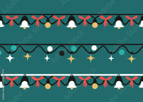 Christmas festive border pattern with bells ribbons stars and lights on teal background