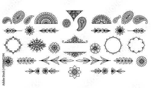 Minimal Henna Tattoo Vector Collection with Paisley and Mandala Doodle Elements