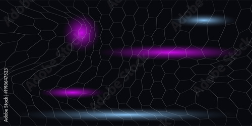 Dark hexagon abstract technology background with blue and pink colored bright flashes under hexagon. Hexagonal gaming vector abstract tech background.