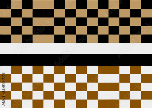 Abstract geometric pattern featuring tan black white and brown checkered horizontal bands