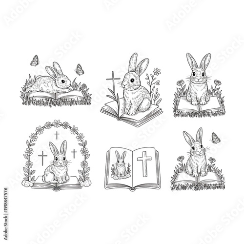Artistic black and white vector line art, of rabbits sitting on bibles with crosses and flowers