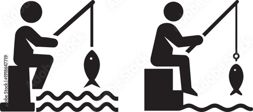 Man Fishing Icon Set Sitting on Pier Catching Fish with Rod and Line Minimalist Stickman Fisherman Silhouette Pictogram for Outdoor Hobby and Sport