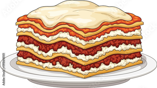 Layered Lasagna on White Plate Illustration