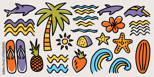 Colorful hand drawn illustration of tropical beach elements and marine life