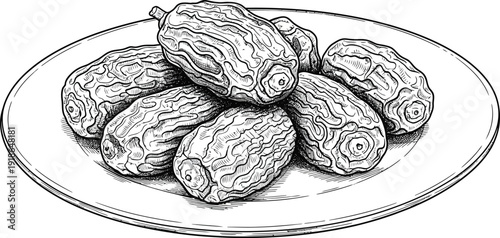A serving of dried dates on a round plate illustrated in a detailed black and white vintage engraving style excellent for food packaging or cultural event promotions