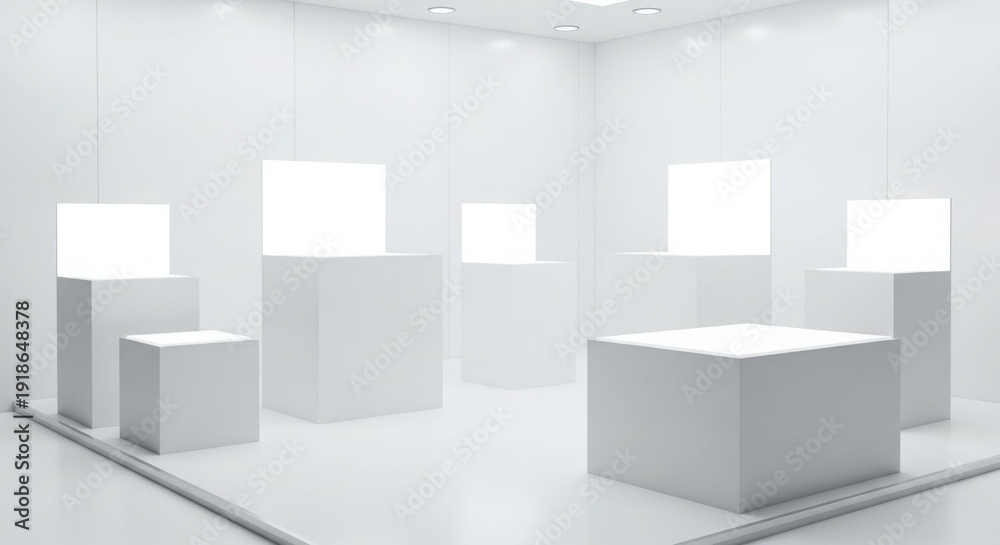 Fototapeta premium Bright, minimalist white exhibition room with multiple empty display pedestals and illuminated tops, ready for showcasing products or art.