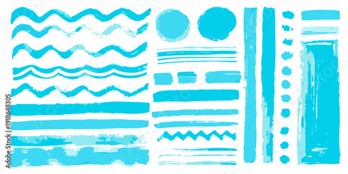 Collection of abstract turquoise brush strokes and wave like patterns