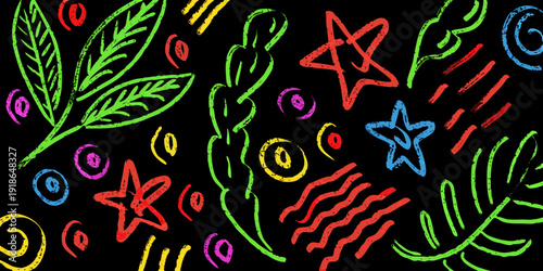 Colorful crayon drawings of leaves stars and abstract shapes on black