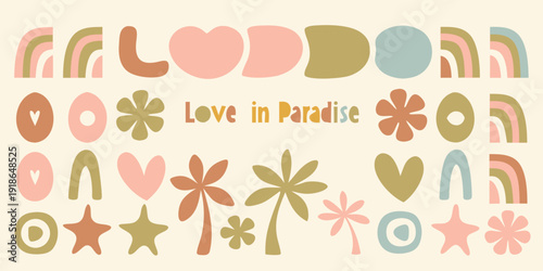 Colorful abstract shapes and floral elements with love in paradise