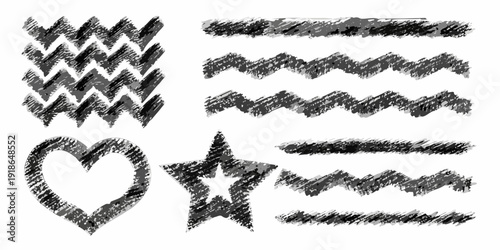 Hand drawn shapes and lines resembling pencil sketches on white background