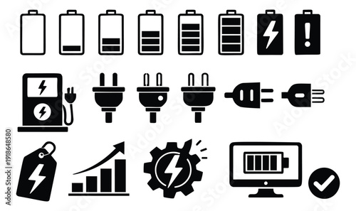 Glyph style power and energy icon set featuring battery charge levels, electric plugs, and charging stations for technology and sustainability applications