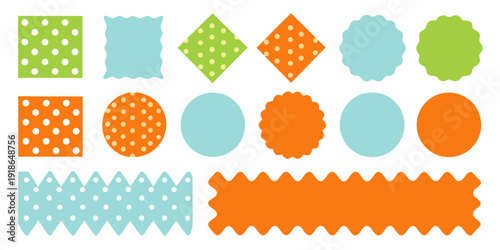 Colorful geometric shapes and patterns arranged in two rows