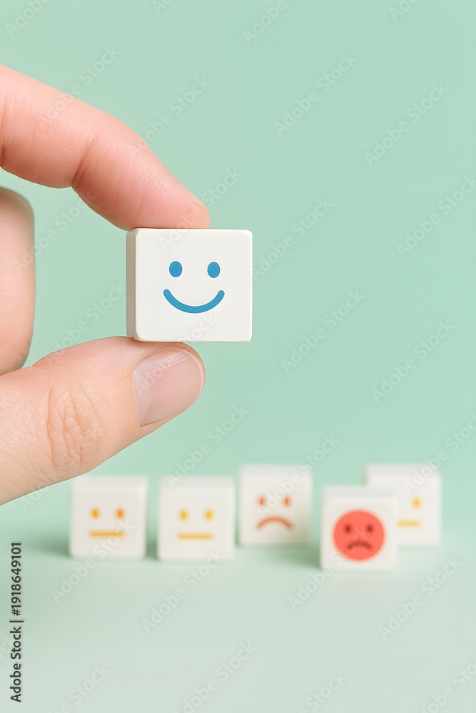 Obraz premium Hand holding a smiling face emoticon cube with other emoticons