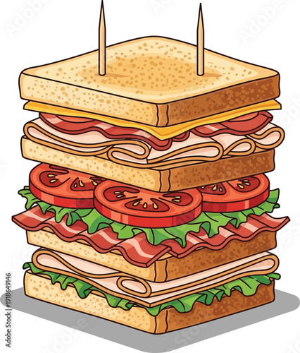 Club Sandwich Illustration with Layers of Meat and Vegetables