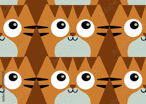 Seamless pattern of cute orange tabby cat faces with large expressive eyes and whiskers.