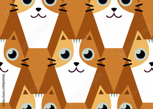 Cute repeating pattern of stylized ginger and white cat faces in a modern flat design
