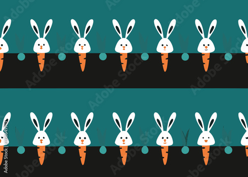 Seamless pattern of cute cartoon white rabbits and orange carrots on a teal and black background.