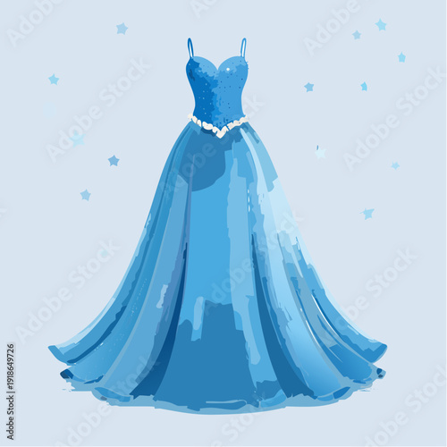 Beautiful blue ball gown with sparkling jewels and flowing skirt.