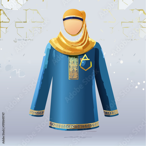 Traditional Muslim woman clothing with hijab and blue dress.