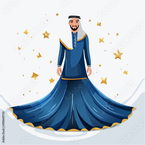 Illustration of a man wearing traditional Arabic clothing with golden stars.