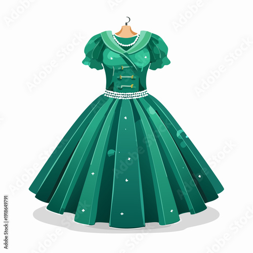 Vintage green dress with puffy sleeves and white belt on hanger.