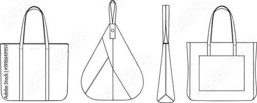 Black and white vector technical sketch set of women tote bags and triangular handbags with multiple views for fashion branding garment manufacturing and retail