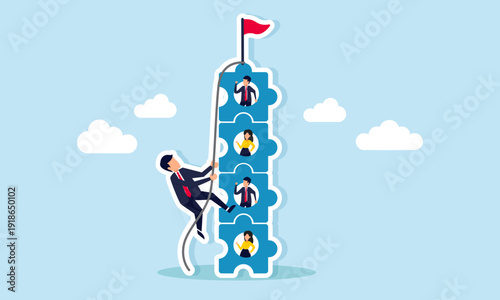 Businessman climbing stack of puzzle pieces with businessman icons using rope to reach the top illustration of strengthening team synergy
