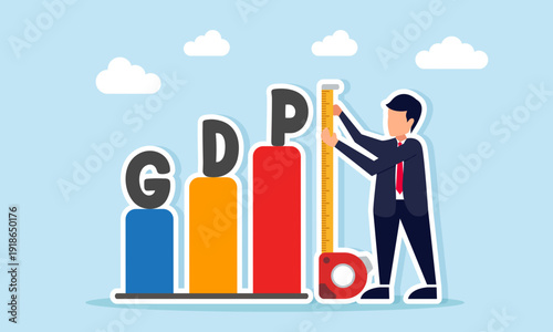 Businessman using height measuring tool to measure GDP chart illustration of measuring national economic growth level