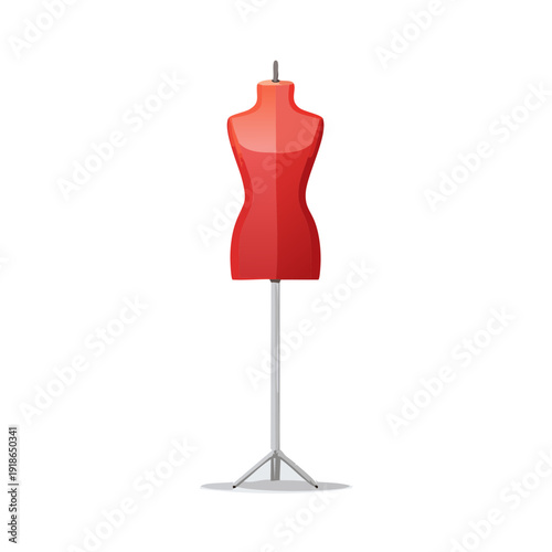 Red female dressmaker's mannequin on a metal stand.