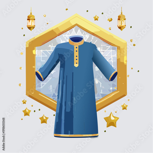 Blue traditional Islamic clothing with gold accents and decorations.