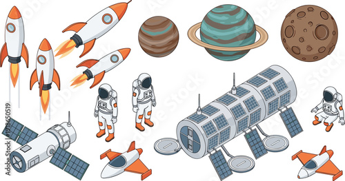 Space Exploration Set with Rockets Astronauts Planets Satellite and Orbital Station Vector Illustration Isolated on White Background for Astronomy and Science Design